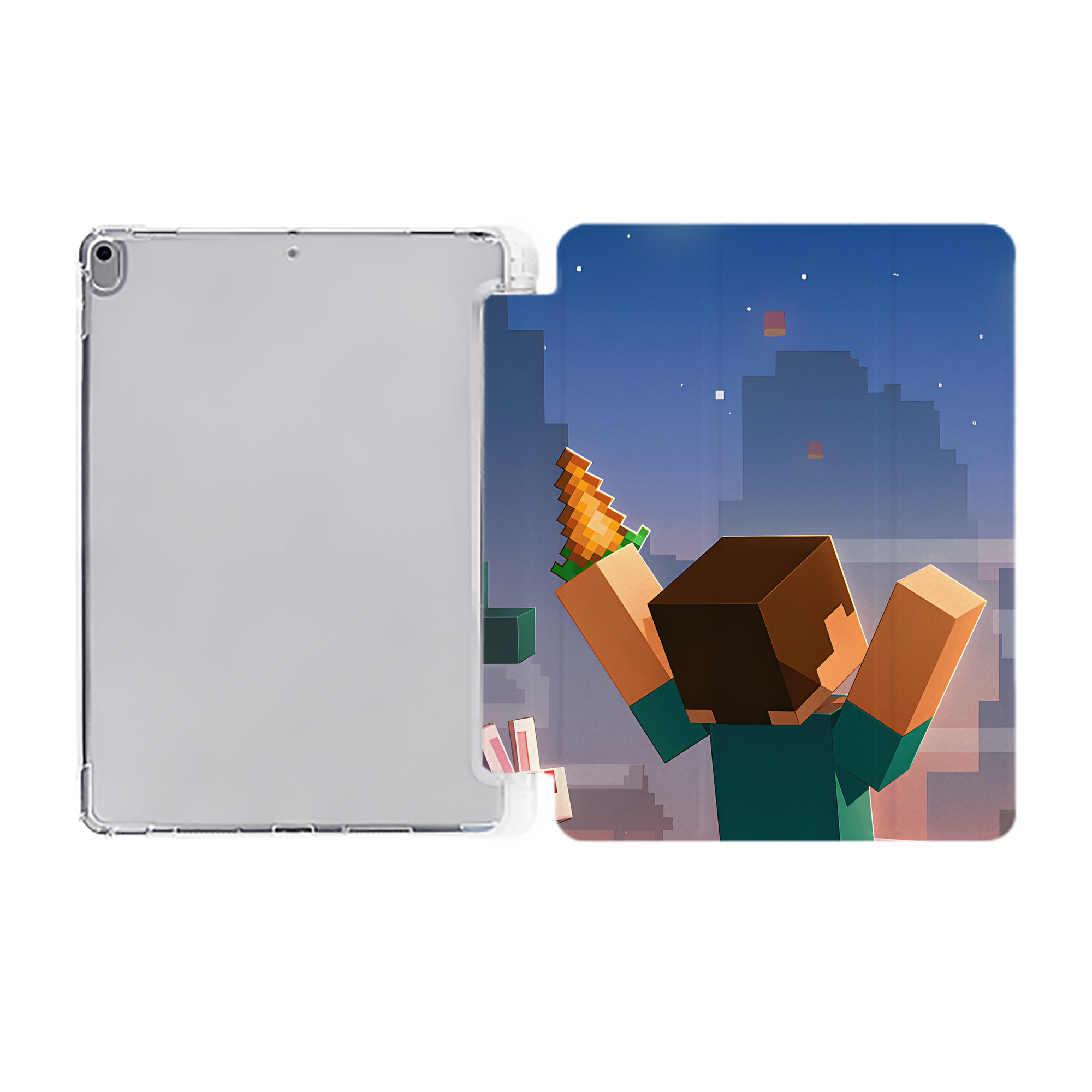 （画像用） マインクラフト ブロックの世界 Minecraft MC Block world IPad ケース ペン収納付き 三つ折りスタンド PUレザー×シリコン 対応機種9.5/10.5/10.9インチ